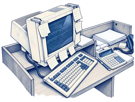 Illustration of a warehouse desk: an old computer terminal with a green screen and sticky notes, a worn keyboard, an adding machine and a desk phone.