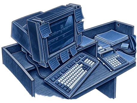 Illustration of a warehouse desk: an old computer terminal with a green screen and sticky notes, a worn keyboard, an adding machine and a desk phone.